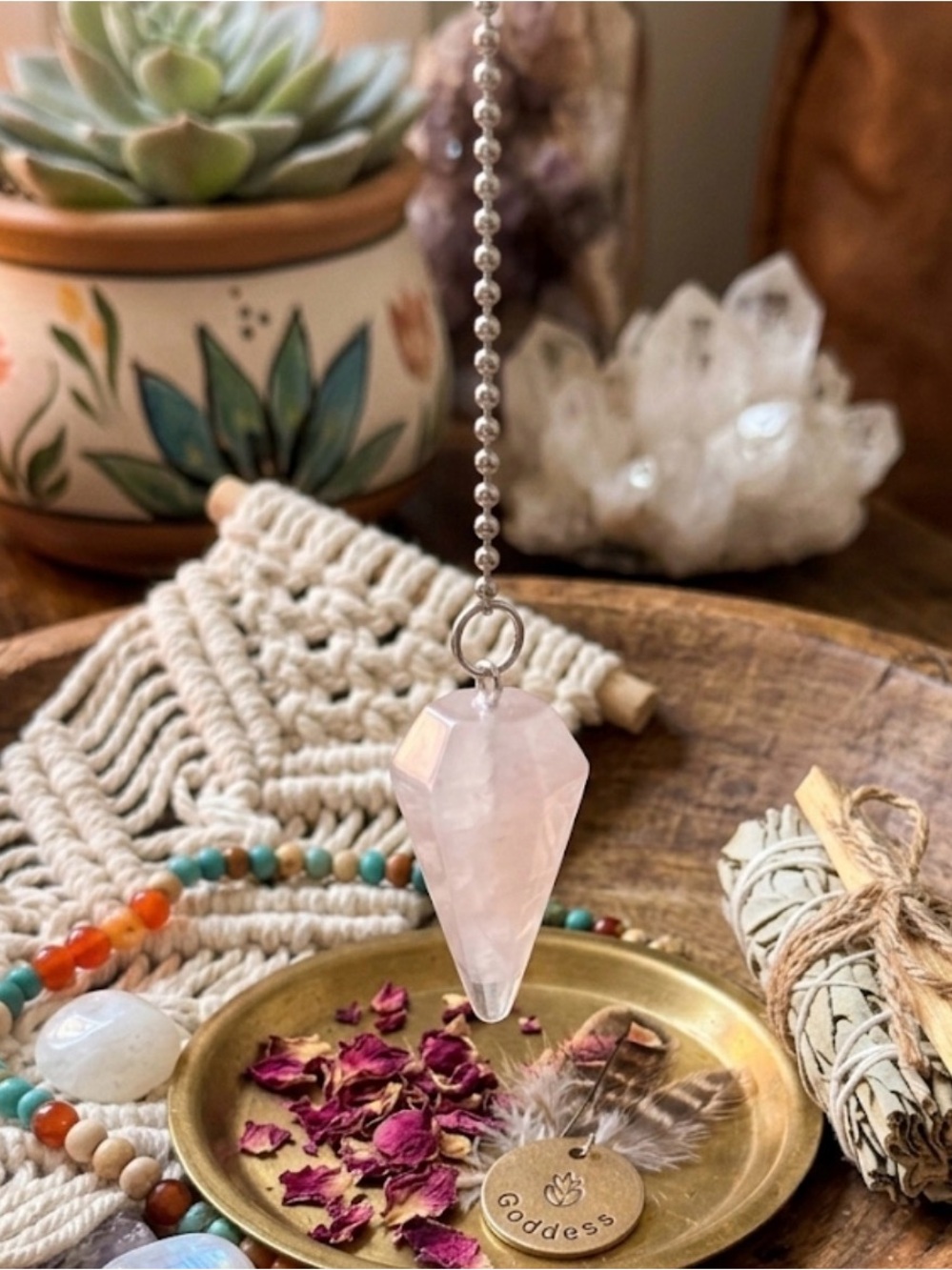 Artisan Rose Quartz Pendant Necklace - Pink and Silver